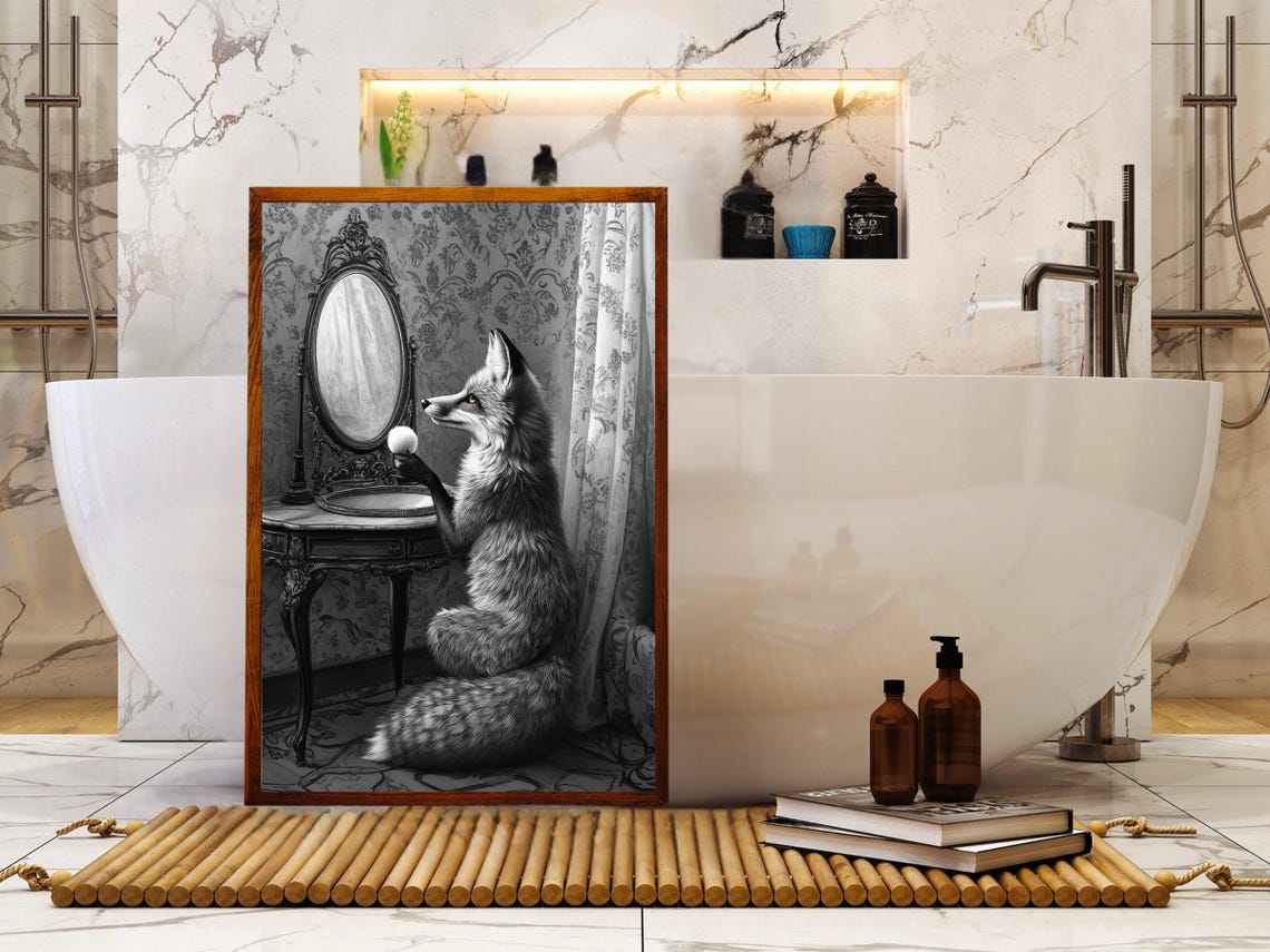 Vintage Black and White Fox Admiring Itself in a Mirror Poster - Image 5