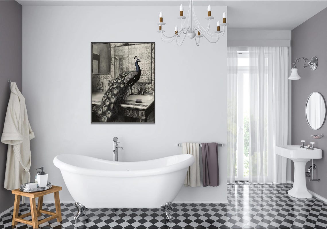 Peacock Perched on an Ornate Bathroom Sink Black and White Poster - Image 2