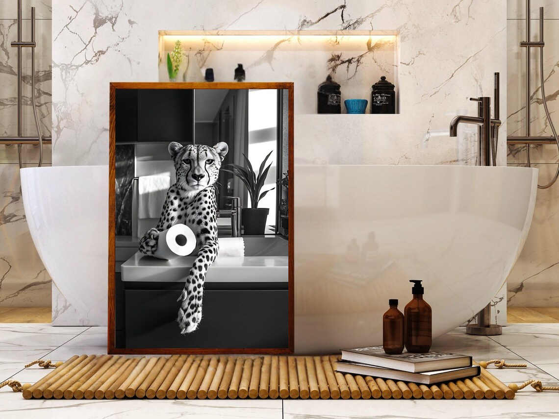 Cheetah Lounging on a Bathroom Counter With Toilet Paper Poster - Image 5