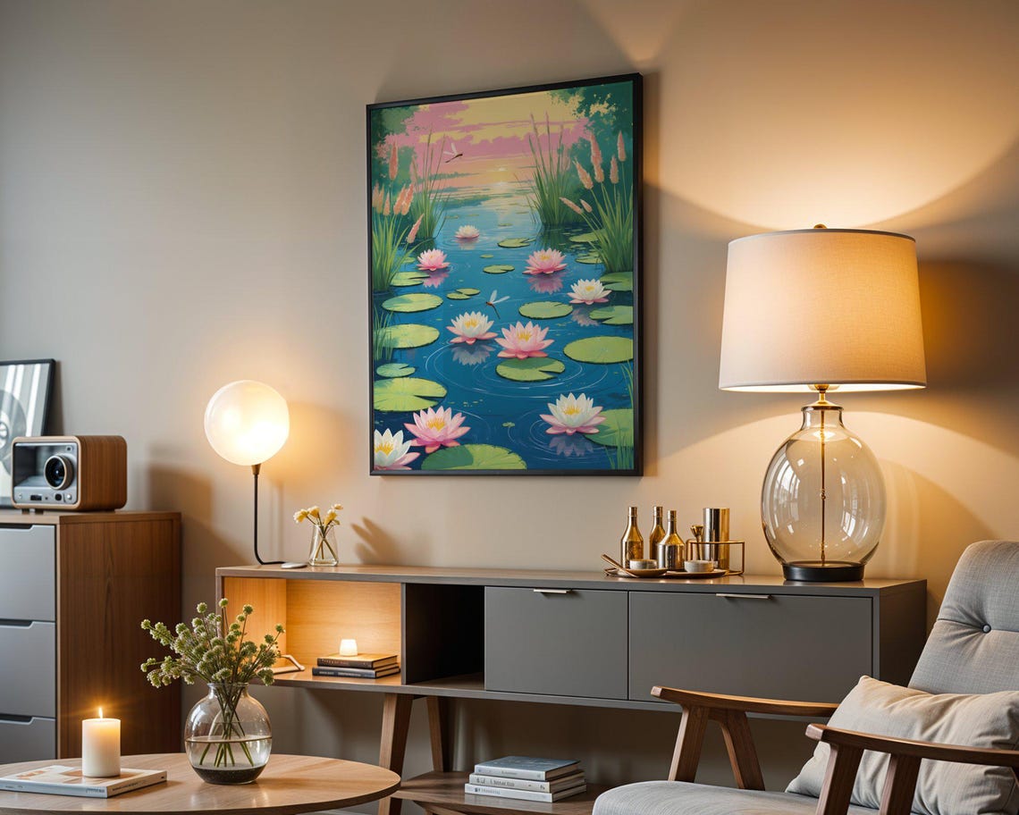 Serene Water Lily Pond Wall Art Dragonfly Sunset Landscape Print Tranquil Nature Scene Floral Lake House Decor Gift For Nature Lovers - Image 3