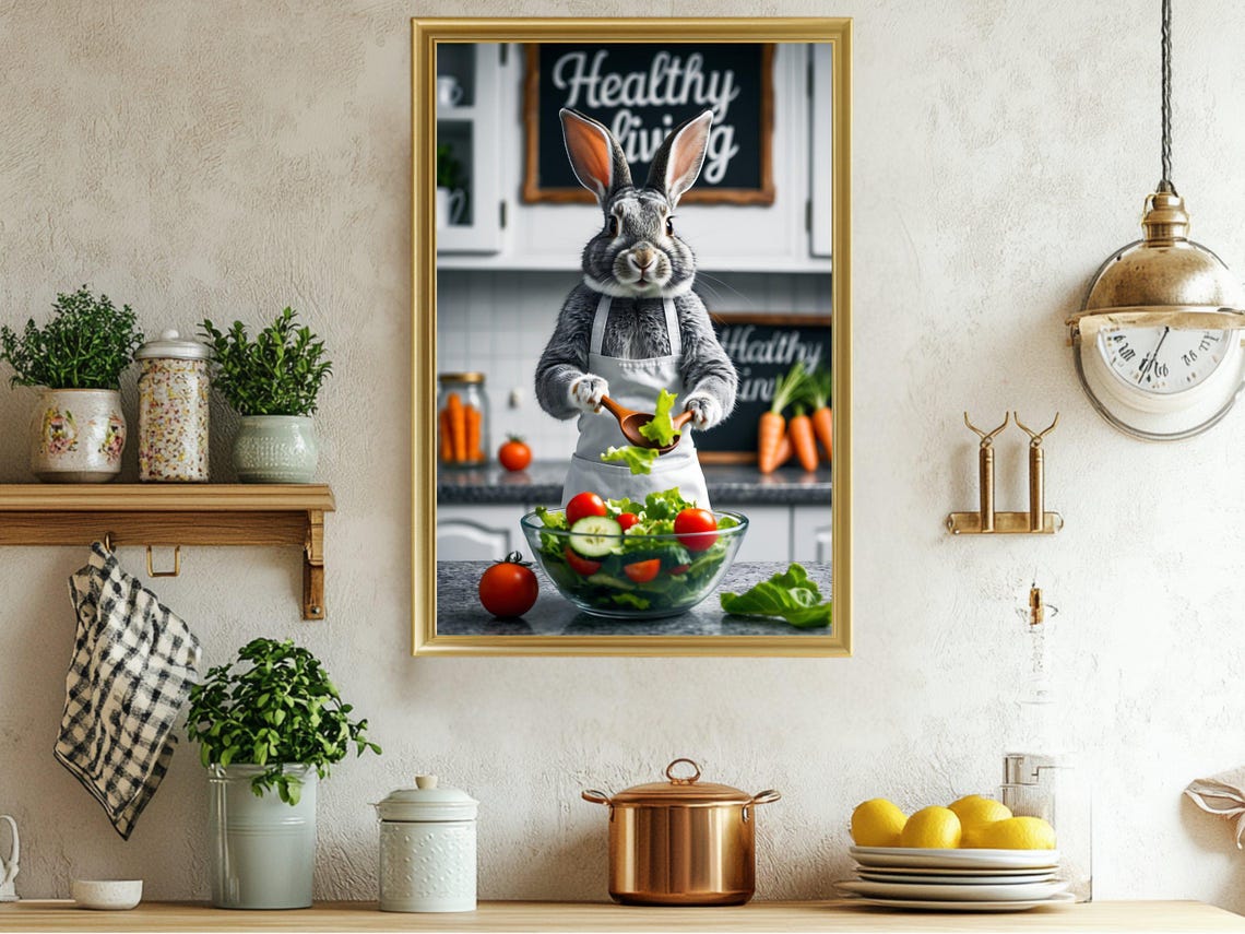 Rabbit Chef Tossing Fresh Salad Funny Animal Kitchen Wall Art