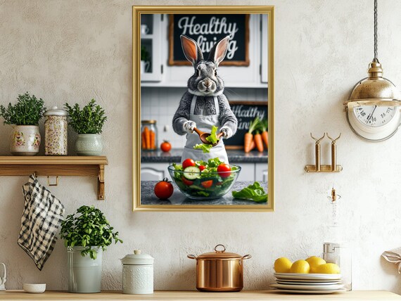 Rabbit Chef Tossing Fresh Salad Funny Animal Kitchen Wall Art