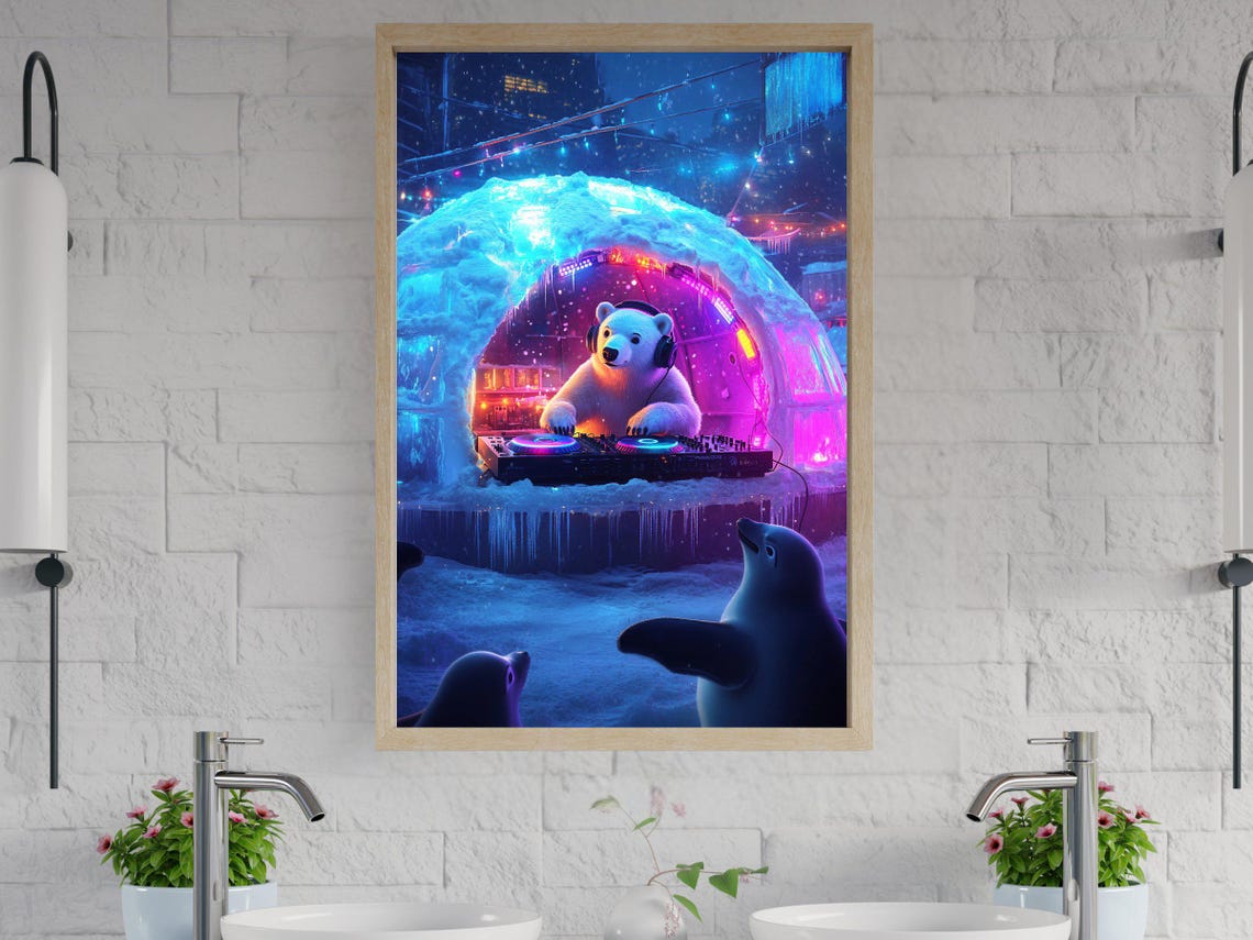 Polar Bear DJ in a Neon Igloo Club With Dancing Penguin Poster