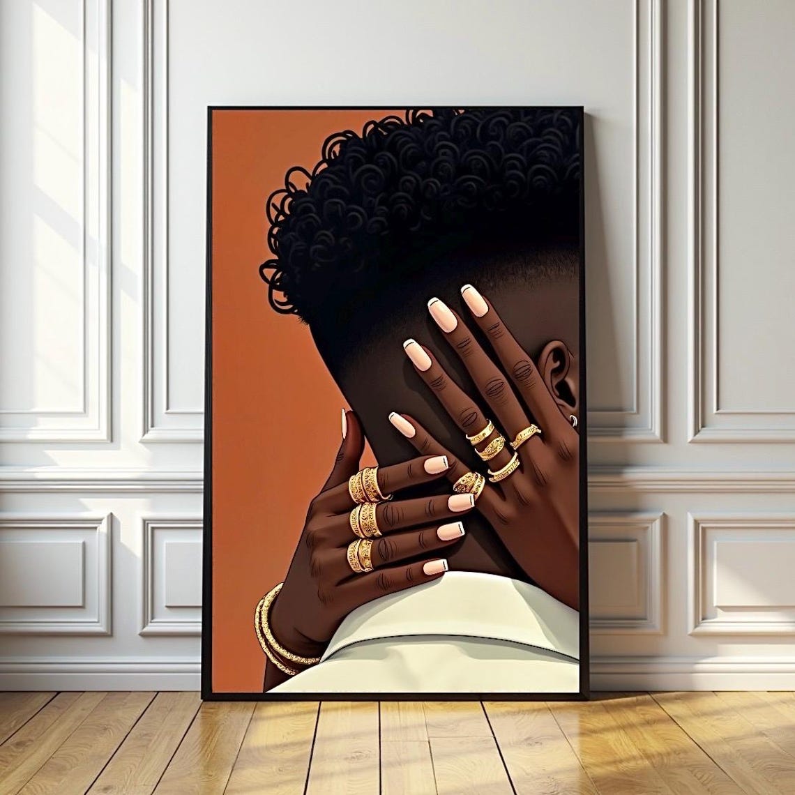 Black Couple Embracing with Gold Rings Warm Romantic Love Poster