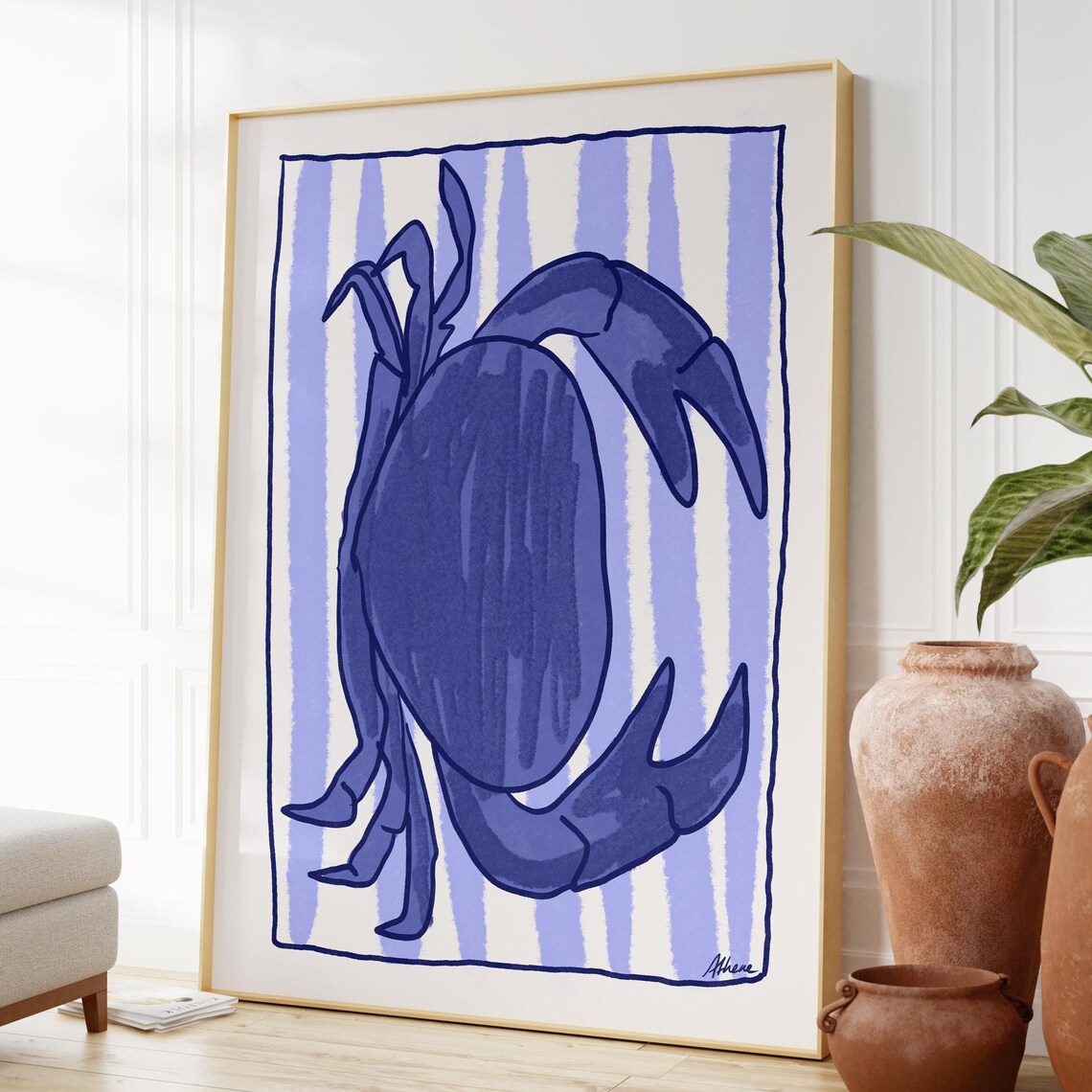 Blue Crab Poster Coastal Decor Red And White Wall Art Beach Shells Hand Drawn Ocean Prints Beachy Room