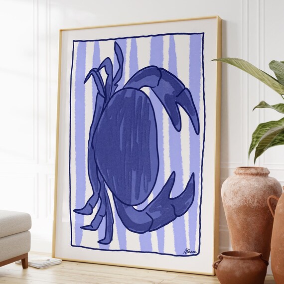 Blue Crab Poster Coastal Decor Red And White Wall Art Beach Shells Hand Drawn Ocean Prints Beachy Room