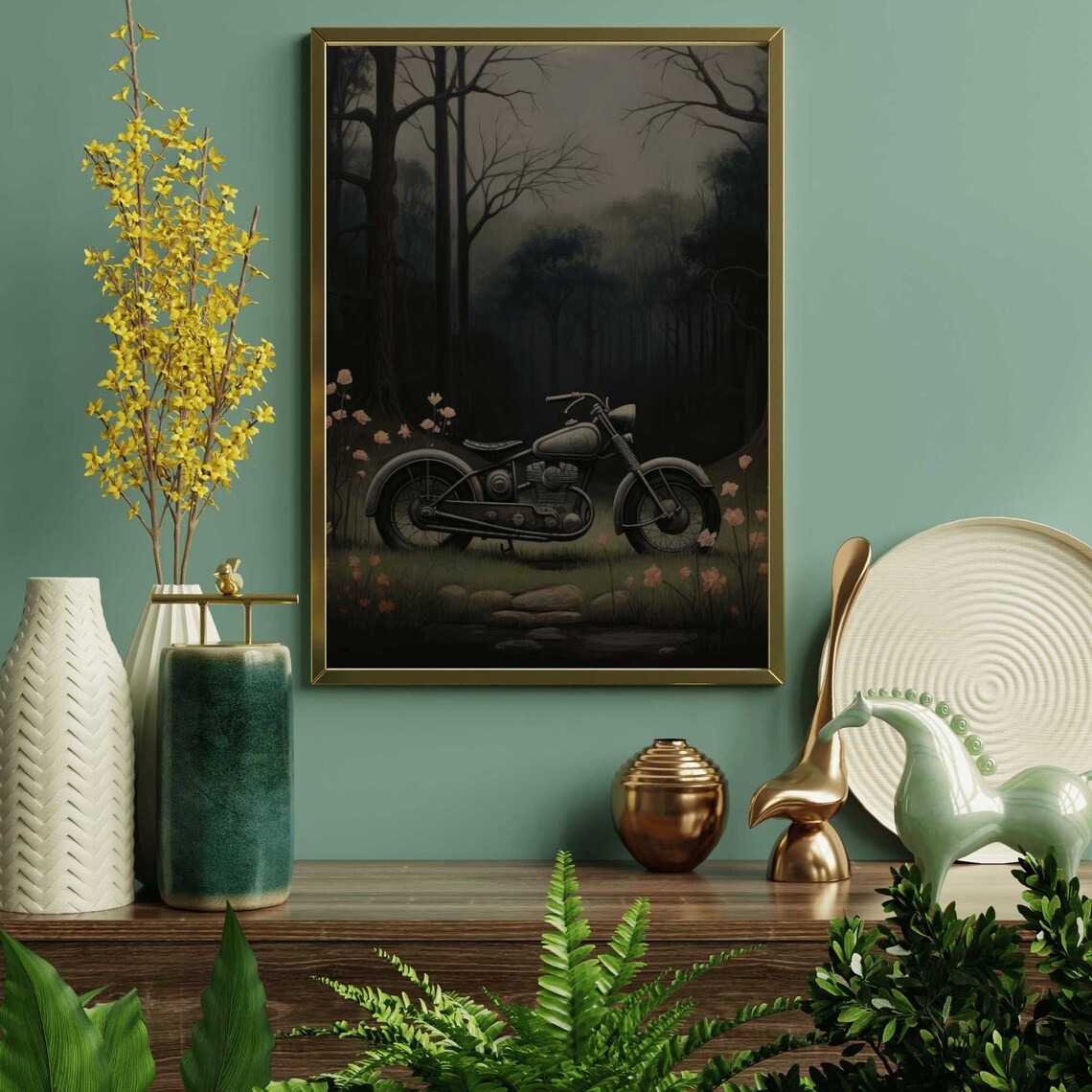 Vintage Motorcycle In Dark Forest With Pink Flowers Moody Art Poster - Image 2