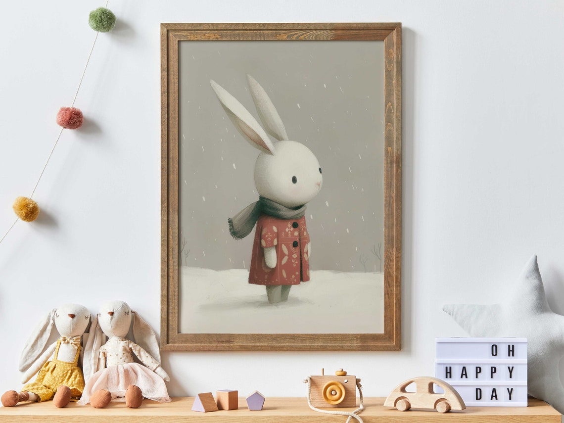 Cute Bunny In Red Coat And Scarf Winter Snowfall Nursery Poster