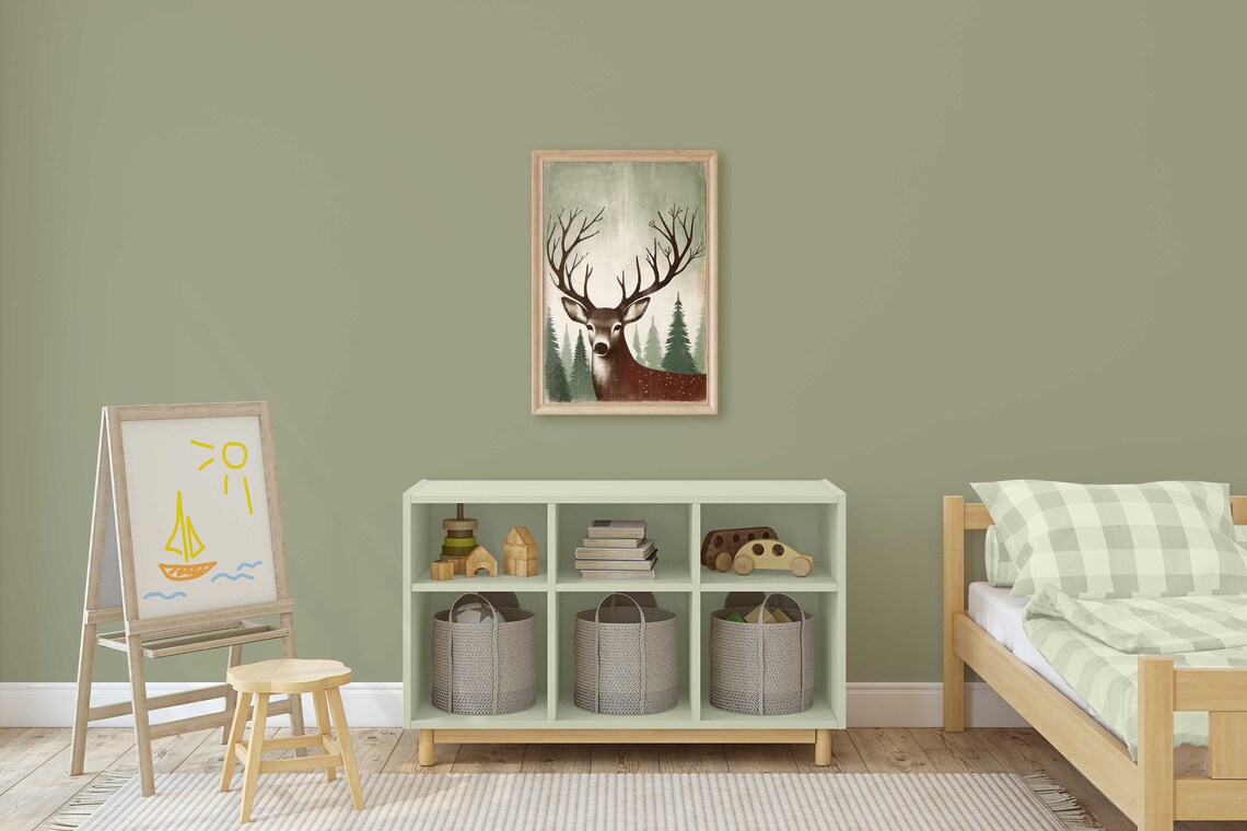 Majestic Stag with Grand Antlers Among Evergreen Pines Poster - Image 2