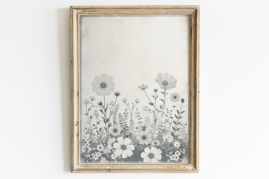 Gray Wildflower Meadow Botanical Minimalist Floral Art Poster