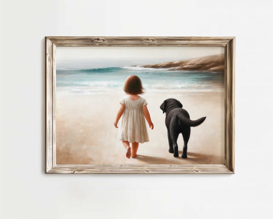 Little Girl and Black Labrador Dog Walking Together on Beach Poster