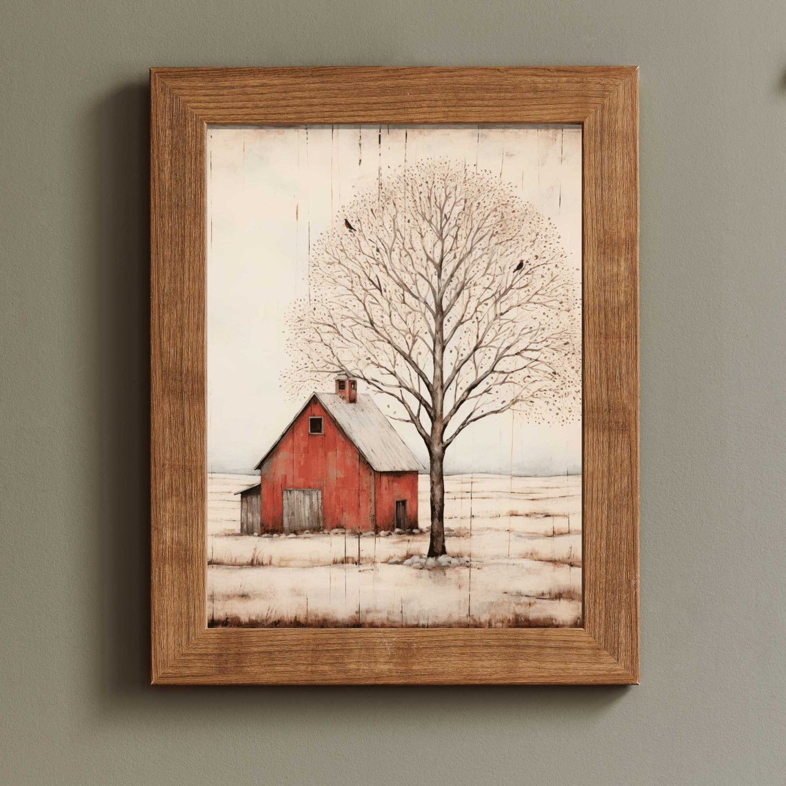 Vintage Red Barn Beside a Tall Bare Tree Rustic Farmhouse Poster - Image 2