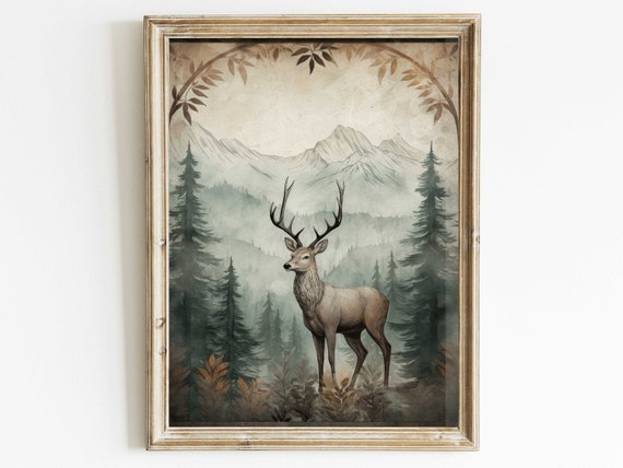 Majestic Stag in a Misty Mountain Forest Vintage Nature Wall Poster