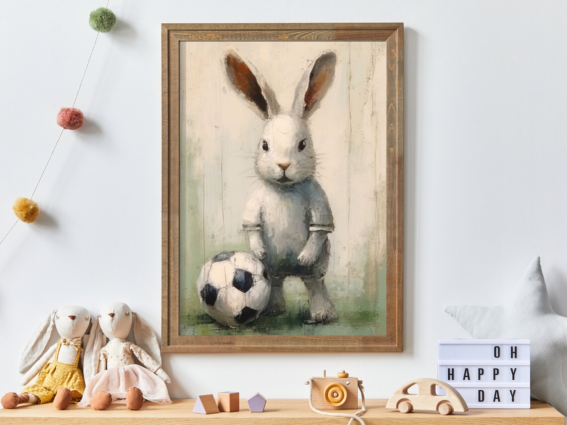 Baby Rabbit Football Player Vintage Nursery Art Print