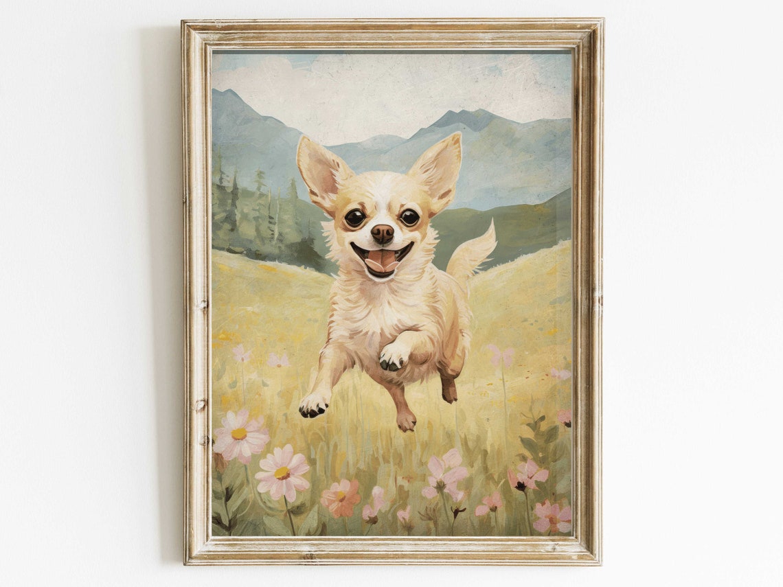 Happy Chihuahua Running Through Flower Meadow Mountain Poster