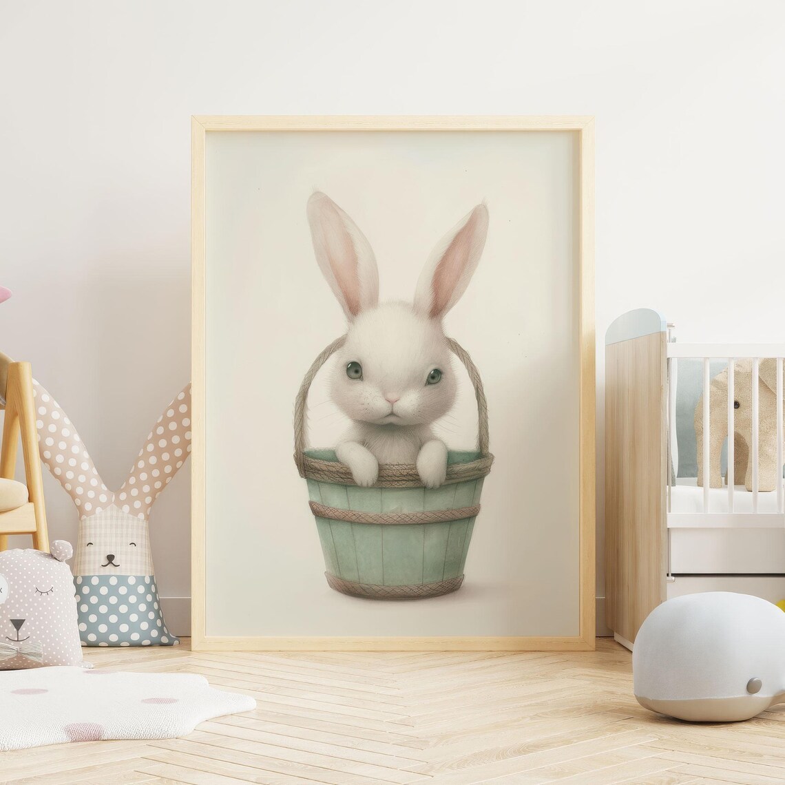 White Bunny Sitting in a Sage Green Bucket Nursery Wall Art for Kids - Image 2