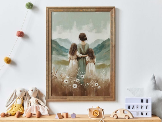 Mother And Kids Adventure Art Son Daughter Print Mom And Children Painting Gift For Mothers Siblings Wall Decor Family Art