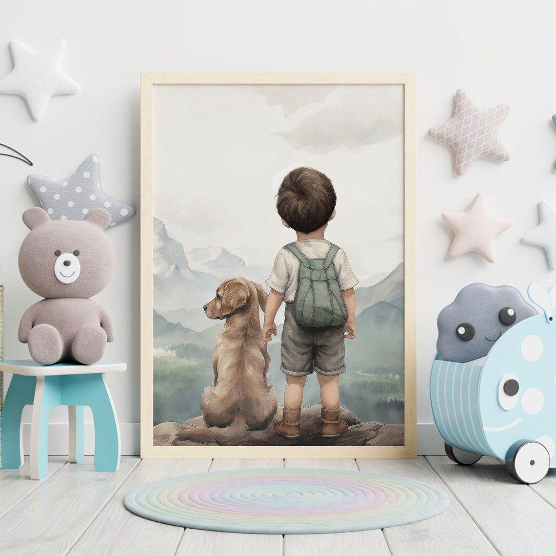 Little Boy And Golden Retriever Mountain View Nursery Poster - Image 5