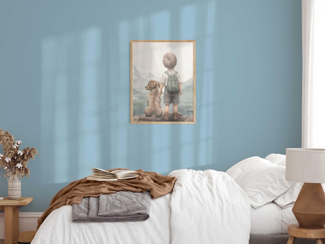 Boy and Golden Retriever Mountain Adventure Nursery Wall Art - Image 2