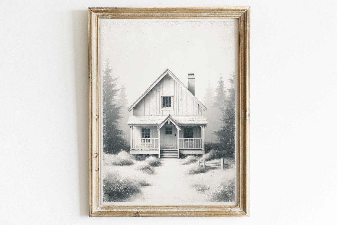 White Forest Cabin in Misty Pines Grayscale Cottage Sketch Poster