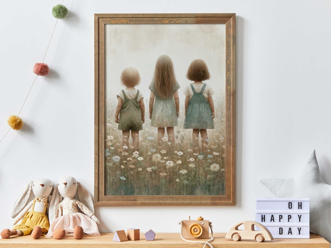 Three Sisters Print Sisterhood Art Vintage Sister Painting Shared Sister Room Art Wildflower Girls Room Decor Girl Wall Art