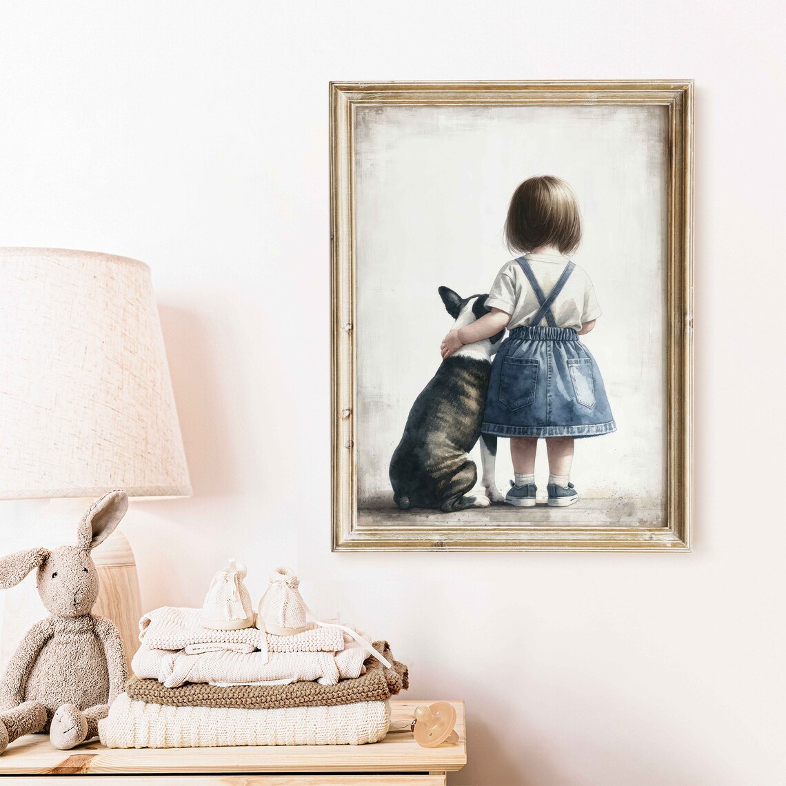 Little Girl Hugging Boston Terrier Poster Sweet Nursery Dog Love Art - Image 2