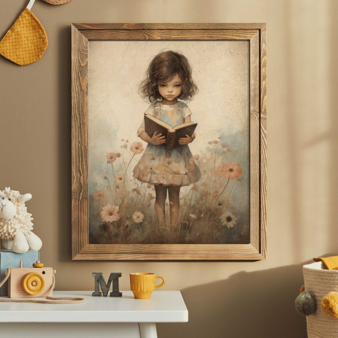 Little Girl Reading Book in Wildflower Field Vintage Nursery Poster - Image 2