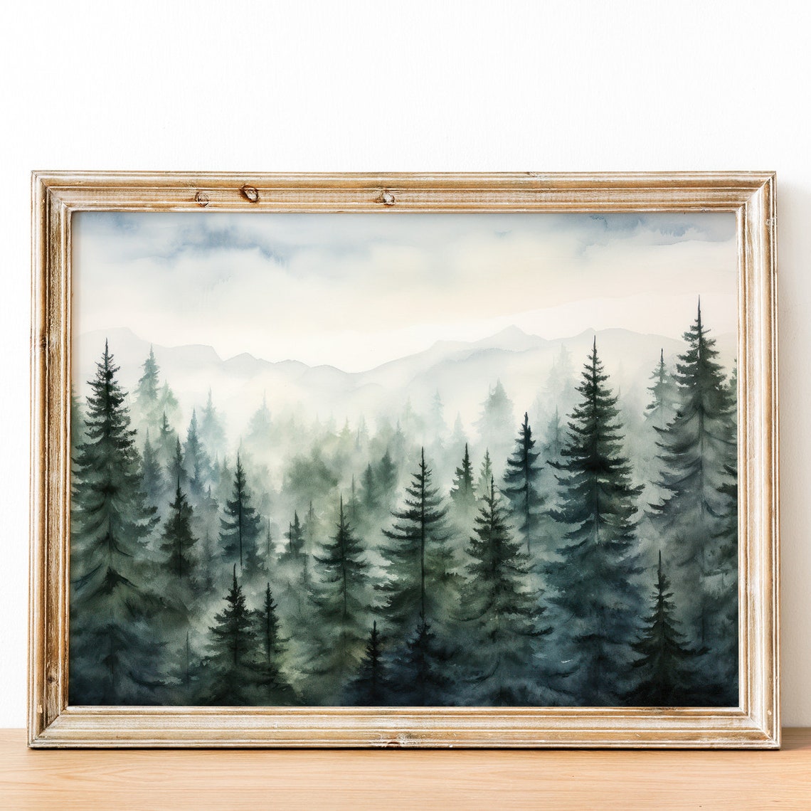 Misty Pine Forest Watercolor Poster Foggy Evergreen Landscape Decor - Image 3
