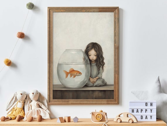 Little Girl with a Goldfish Bowl Tender Watercolor Nursery Wall Poster