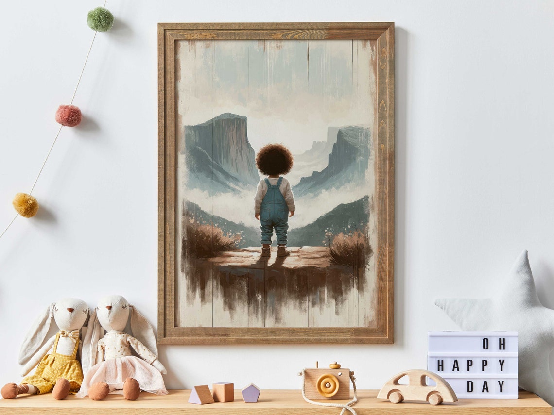 Curly Haired Toddler Gazing At Misty Mountain Peaks Nursery Poster