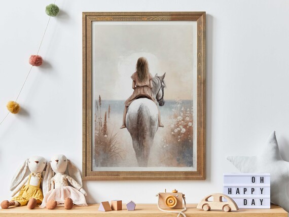 Girl Riding a White Horse Into the Sunset Dreamy Equestrian Poster