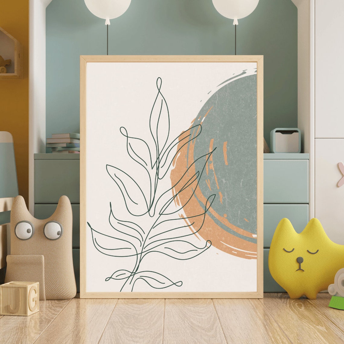 One Line Leaf Branch Over Abstract Shapes Modern Boho Poster - Image 2