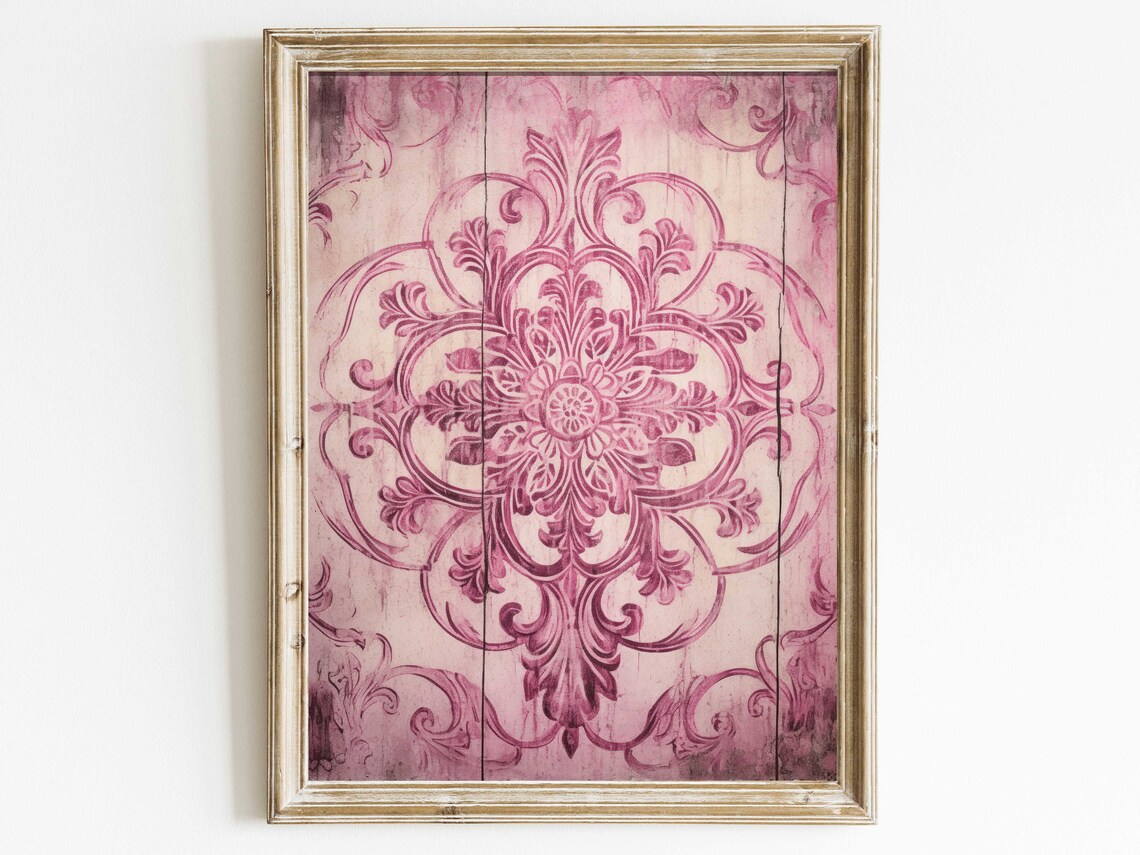 Pink Ornamental Medallion Distressed Wood Farmhouse Bedroom Poster