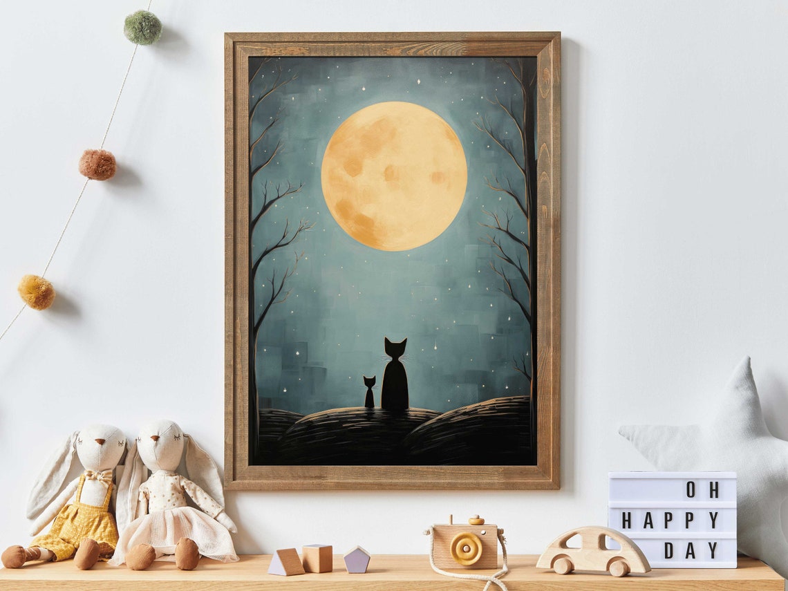 Two Cats Watching a Big Golden Moon in a Starry Night Poster