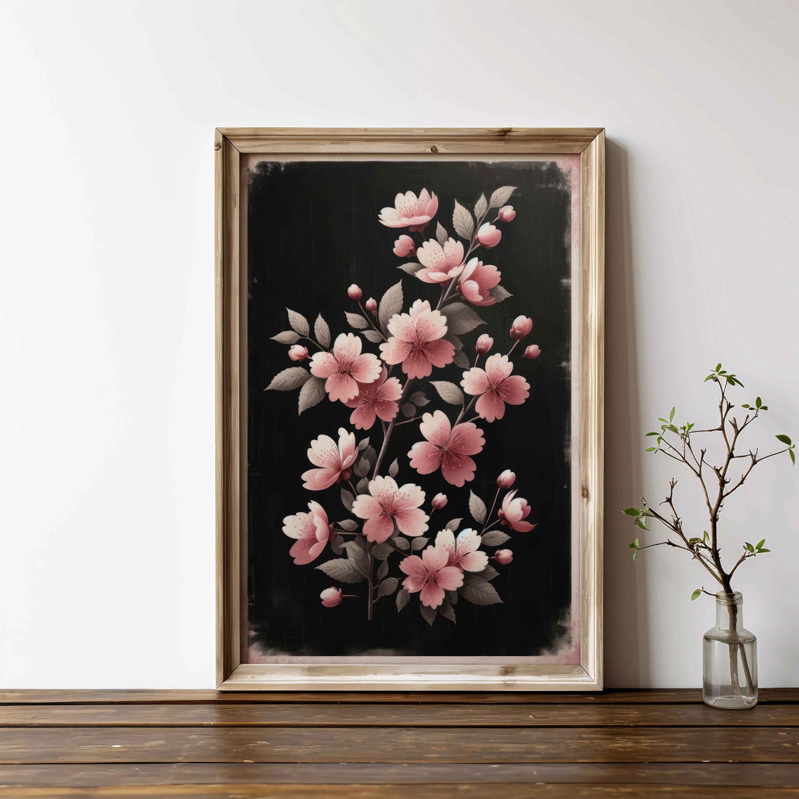 Pink Cherry Blossom Branches on Black Floral Farmhouse Bloom Poster