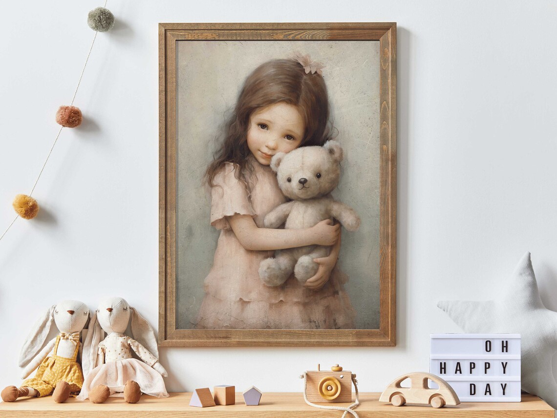 Little Girl Hugging Her Teddy Bear Soft Vintage Nursery Poster