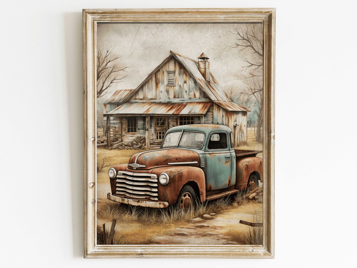 Rusty Vintage Teal Pickup Truck at Old Barn Farmhouse Poster