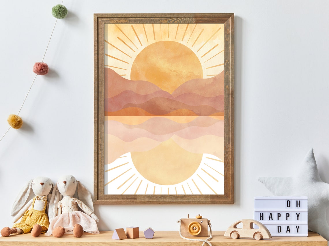 Boho Golden Sunburst Rising Over Layered Mountains Watercolor Poster