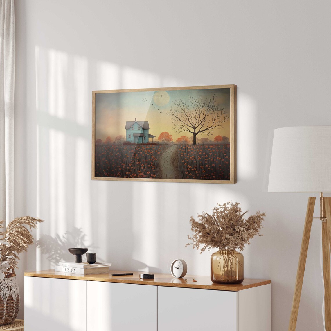 Blue Farmhouse Among Orange Flowers At Sunset With Winding Path Poster - Image 2
