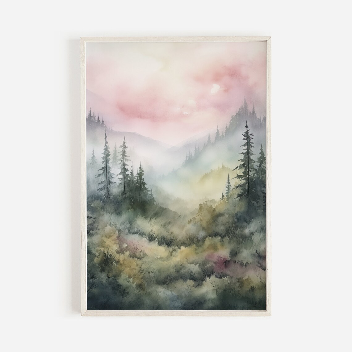 Watercolor Forest Nature Print, Misty Mountain Landscape - Image 2