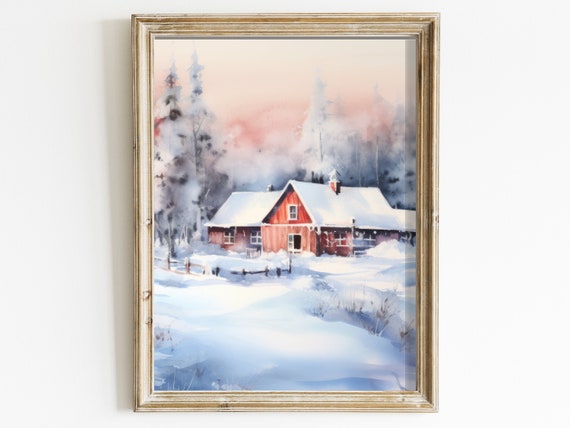 Watercolor Winter Landscape Art Cottage Print Blue Wall Decor Evening Winter Snow Forest Trees Vintage Print Art