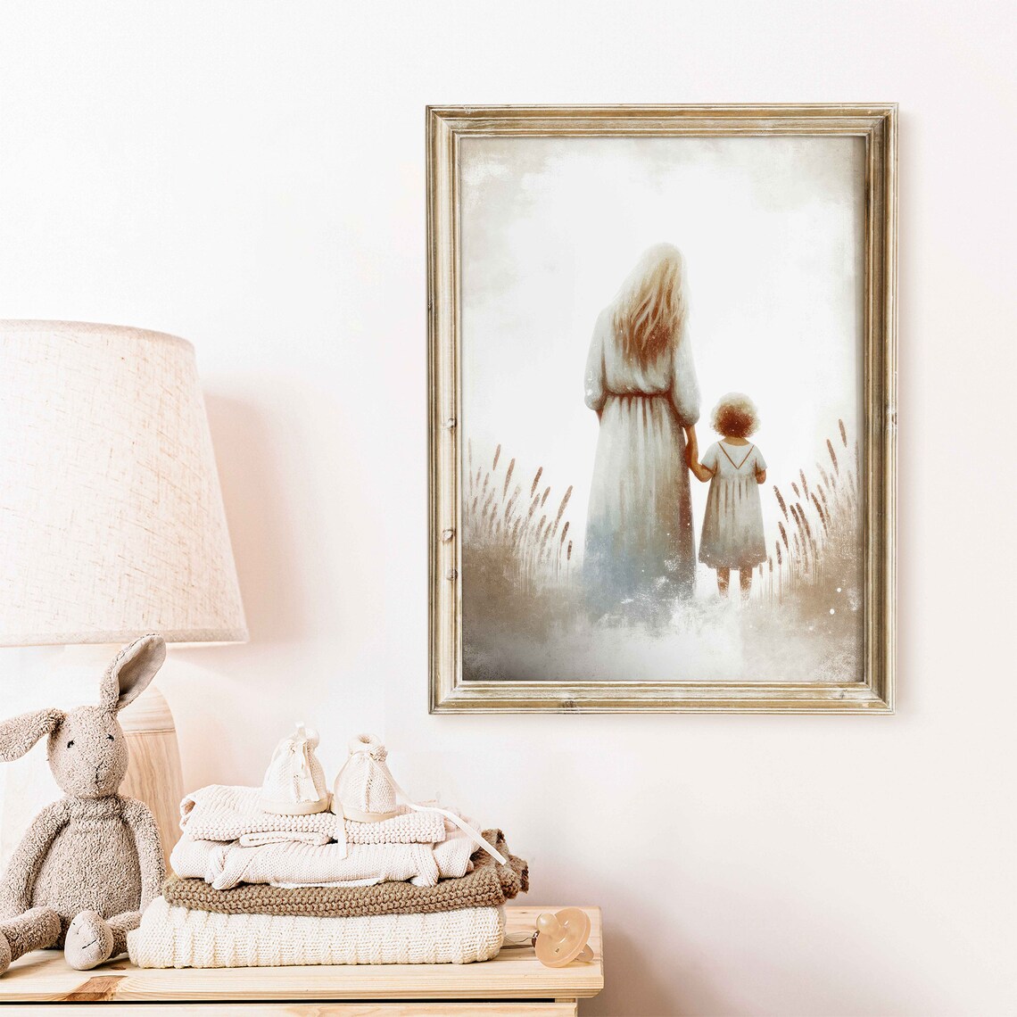 Mother and Daughter Walking in Tall Grass Misty Morning Art Print - Image 2