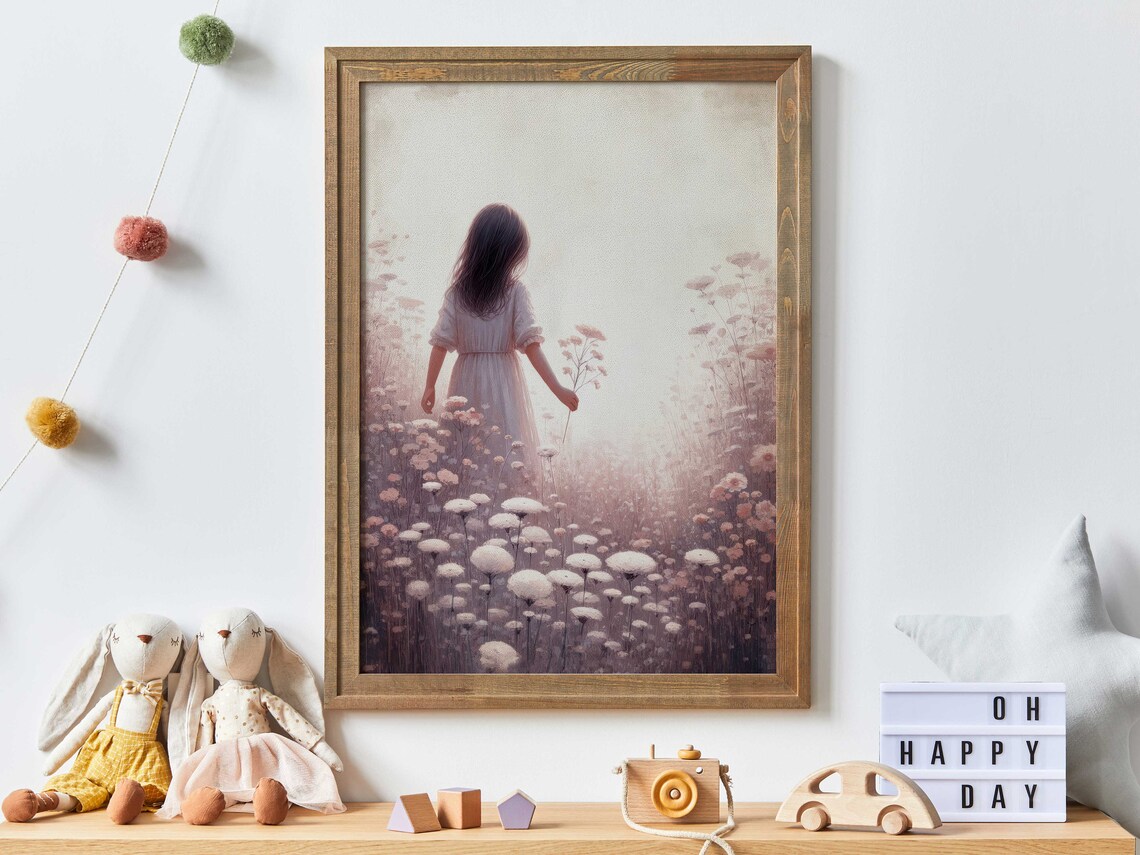 Girl Walking Through Soft Pink Wildflower Field Dreamy Vintage Art Print