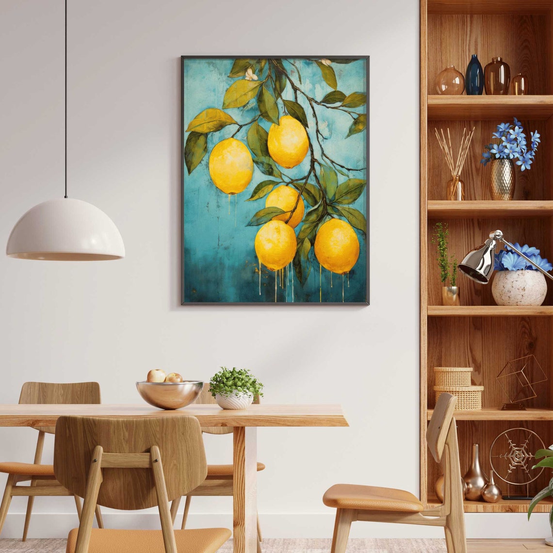 Ripe Yellow Lemons Hanging on a Leafy Branch Against Teal Poster - Image 2
