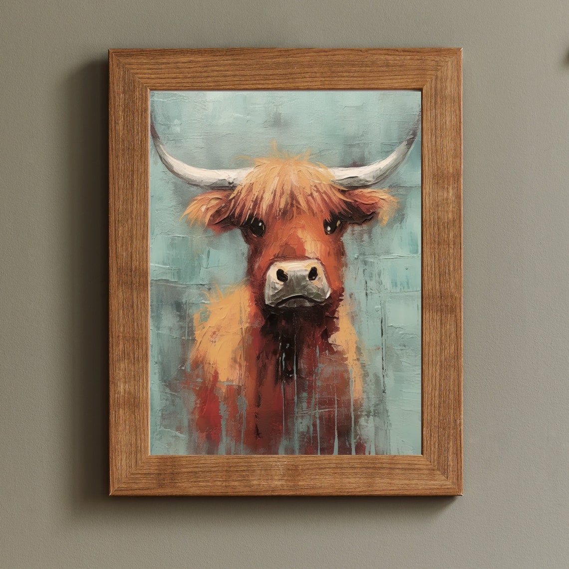 Highland Cow Portrait with Long Horns on a Teal Canvas Poster - Image 2