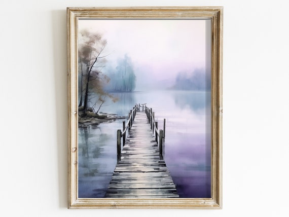 Watercolor Lake Print Lake Painting Art Purple Landscape Decor Purple Blue Scenic Nature Print Waterscape Artwork