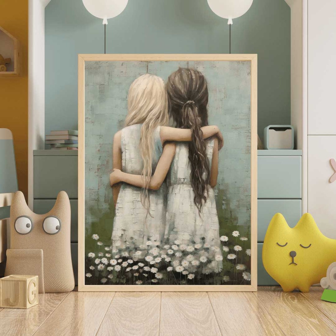 Two Sisters Embracing in a Daisy Field Vintage Nursery Poster - Image 2
