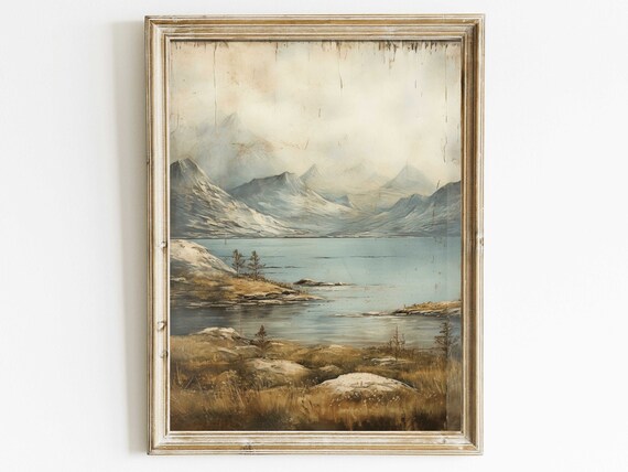 Lake Mountain Art Rustic Landscape Painting Vintage Nature Print Distressed Wall Art Rustic Home Decor Wall Decor