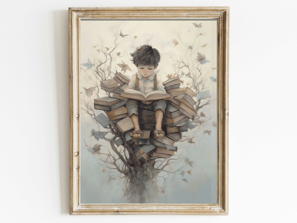 Vintage Little Boy Reading Book Art Print