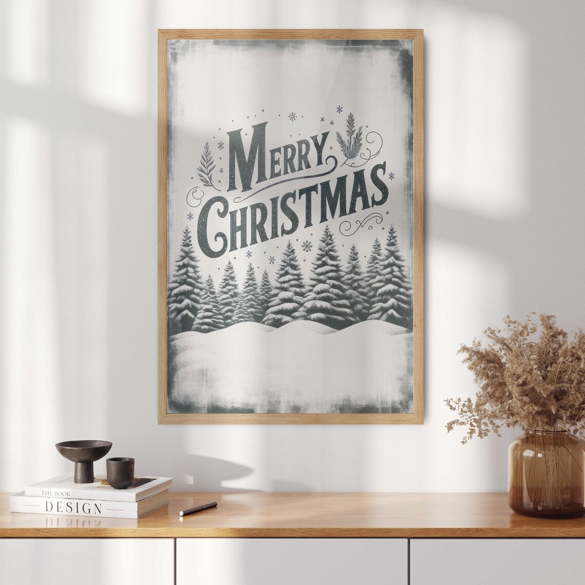 Vintage Merry Christmas Script Poster with a Forest of Snowy Pines - Image 2